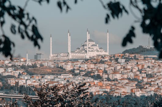 Our Destinations Scenic aerial view of Camlica Mosque amidst Istanbul skyline, highlighting rich architectural heritage.