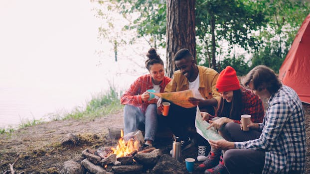 Our Services Group of friends camping outdoors, enjoying a campfire by the lakeside with maps.
