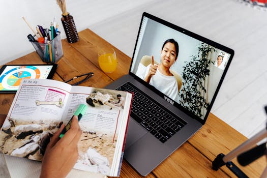 Our Services Online teaching session with digital tools, featuring a woman on a laptop screen and educational materials.